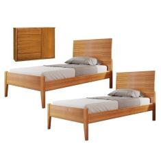 Conjunto Quarto de Solteiro com 2 Camas de 90cm e Cômoda 5 Gavetas com Sapateira Unique Amêndoa Mel
