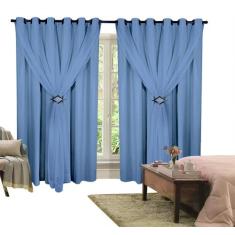 Cortina Corta Luz 3,00m X 2,60m 100% Blackout Com Voil Azul Para Sala 