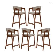 Kit 5 Banquetas Alta com Encosto Ravena Madeira Maciça Maciça Pinhão S