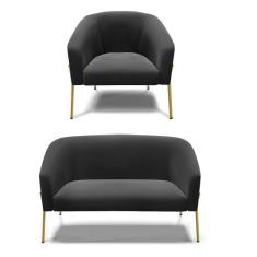 Sofá Namoradeira e Poltrona Pé de Ferro Dourado Stella Suede Preto D03