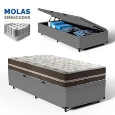 Cama Box Baú + Colchão de Solteiro Classic Molas Ensacadas 78x188x64cm