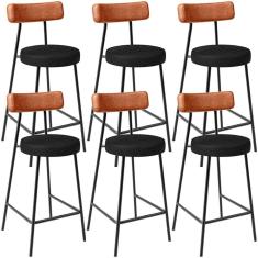 Kit 06 Banquetas Baixa Cozinha Sala Jantar Bancada Milão L02 Couríssimo Camel Preto - Lyam Decor