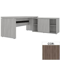 Mesa com Balcão e Prateleiras PE50 em MDP 160 x 170 cm Cor Walnut detalhe Preto