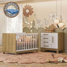 Quarto de Bebê Qencanto Slim com Cômoda 4355 e Berço 4315 Qmovi Freijó Branco Acetinado + Colchão Ortobom