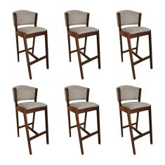 Kit 6 Banquetas Alta De Madeira Maciça Mel Premium Ana Com Encosto Linho Bege - Cor: Bege