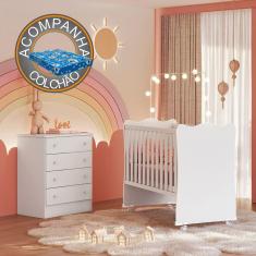 Quarto de Bebê Doce Sonho com Cômoda 777 e Berço Simples 1 c/ Rodízios Qmovi Branco + Colchão Ortobom