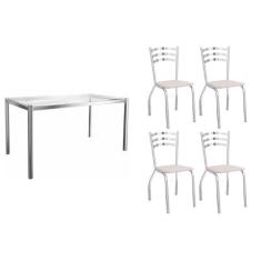 Sala de Jantar Completa Reno c/ Tampo Vidro 150cm + 4 Cadeiras Portuga