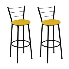 Kit 2 Banquetas Altas Preta com Encosto Assento Amarelo