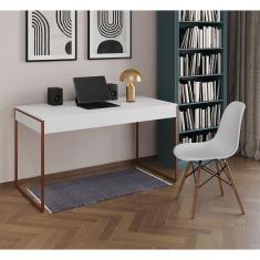 Mesa De Escritório Industrial Malta Branca 137X53Cm Base Cobre Com 1 Cadeira Branca Mad Cor: Branco