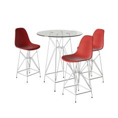 Jogo Mesa Bistrô Eames Vidro 60Cm 3 Banquetas Vermelha Base Ferro Branco - Cor: Branco