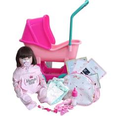 Boneca Bebê Mamãe Reborn Silicone Enxoval 28 Itens Boneca Carrinho Berço