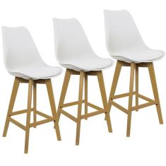 Kit 3 Banquetas Monty Leda Luisa Saarinen Alta Base Fixa Madeira - Branca