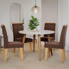 Mesa de Jantar Redonda Cimol Lavínia com 4 Cadeiras Revestidas em Suede - Madeira/Off White/Nature/Chocolate