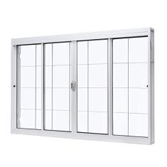 Janela de Aço de Correr Central 100x150cm 4 Folhas com Grade Quadriculada e Vidro Liso Unic Sol Ramassol Branco