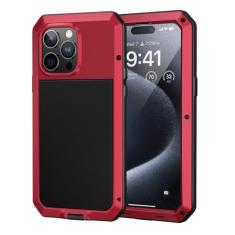 Lanhiem Capa de metal para iPhone 15 Pro, capa resistente à prova de choque resistente com protetor de tela de vidro integrado, capa protetora à prova de poeira de corpo inteiro 360 para iPhone 15 Pro
