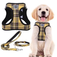 PUPTECK Conjunto de coleira e coleira ajustável para cães, sem puxão, para cães pequenos, médios, filhotes e gatos, caminhada ao ar livre, corrida, colete refletivo acolchoado de malha macia, amarelo,