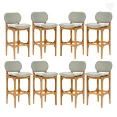 Kit 8 Banquetas Alta Estofada Rafine Madeira Maciça Castanho Linho Verde