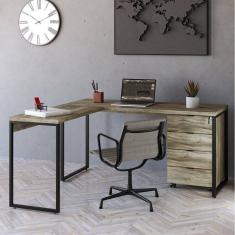 Mesa de Escritório em L Estilo Industrial 150x150cm com Gaveteiro Volante 4 Gavetas Carvalho