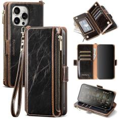 Antsturdy Capa carteira compatível com iPhone 15 Pro Max, capa de telefone de couro PU com bloqueio de RFID, mulheres, homens, suporte, alça de pulso, zíper, compartimentos para cartão de crédito para