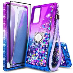 NZND Capa para Samsung Galaxy A03S Roxo/Azul | com protetor de tela de vidro temperado, cobertura máxima, suporte de anel, alça de pulso, cachoeira flutuante líquida com glitter, meninas mulheres