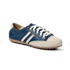 Mocatênis Feminino em Couro Legítimo Cor Azul Marinho c/ Bege Mod. 103