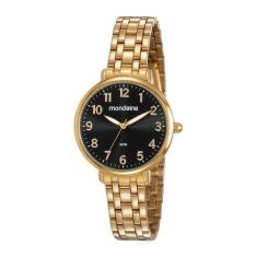 Relógio Mondaine Feminino Visor Preto Vintage Dourado 53779LPMVDE2