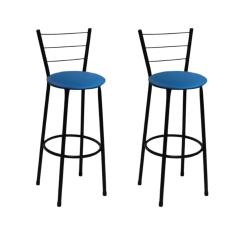 Kit 2 Banquetas Médias Preta com Encosto Assento Azul