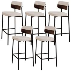 Kit 05 Banquetas Alta Bar Cozinha Sala De Jantar Aço Preto Kaira C01 Linho Palha Courino Café - Lyam Decor