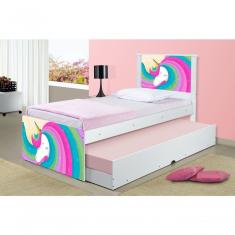 Cama Solteiro Com Auxiliar Bicama Juvenil Unicórnio Arco Íris Branco MDF MDP Tebarrot Móveis