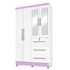 Guarda Roupas Solteiro Com Espelho 4 Portas 3 Gavetas com pés Tokio Branco/Branco Lilás Flex