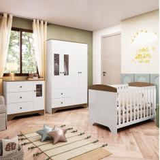 Quarto de Bebê Berço Americano Guarda Roupa e Cômoda com Janelas Retangulo 100% MDF Ayla Branco Brilho/Carvalho