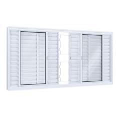 Janela de Correr Aço 6 Folhas Veneziana com Grade Mosaico e Vidro Abertura Central 100cmx150cm Lucasa Branco