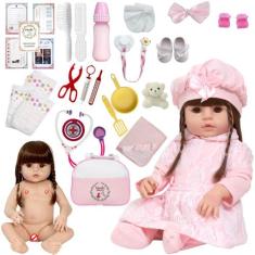 Boneca Tipo Reborn Princesa Vestido Rosa Kit Acessórios Luxo - Cegonha