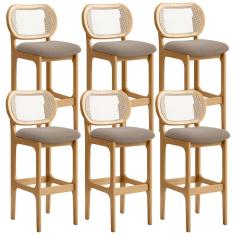 Kit 06 Banquetas Altas Betta Fixa L02 Madeira Maciça Poliéster Bege Lyam Decor