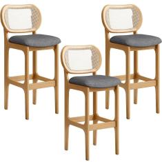 Kit 03 Banquetas Altas Para Cozinha Bancada Sala Tela Betta Fixa L02 Linho Cinza Escuro - Lyam