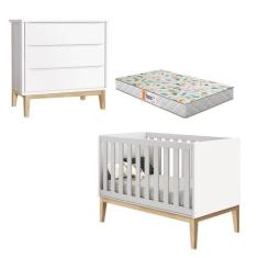 Berço Americano E Cômoda Gaveteiro New Classic Branco Com Pés Madeira 