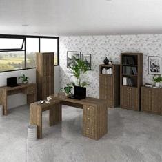 Conjunto Home Office 2 Escrivaninhas, 2 Armários, 1 Balcão e 1 Estante Tecno Mobili Nogal
