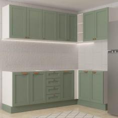 Cozinha Modulada 6 Peças sem Tampo 3 Armários Aéreos e Nichos, 3 Balcões Cabecasa Madeiramadeira Verde Menta/Branco