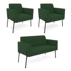 Sofá Namoradeira 2 Poltronas Pé De Ferro Preto Marisa Veludo Verde D03 - D`rossi