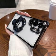 Capa protetora magnética transparente galvanizada para Samsung Galaxy S24 S23 S23 Ultra Stand Quatro cantos Almofada de ar anti-queda, preta, S24Plus