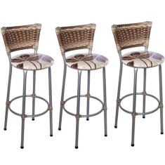 Kit 3 Banquetas Altas Prata com Encosto Junco Capuccino Assento Floral