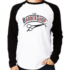 Camiseta Raglan The Barber Shop Manga Longa - Foca na Moda, Branco, Pr