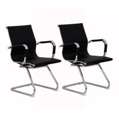 Kit 2 Cadeiras Escritório Interlocutor Stripes Fixa Pu Preta - Waw Des