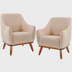 Kit 02 Poltronas Decorativas Sala de Estar Base de Madeira Raquel Algodão Bege - Gran Belo