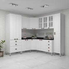 Armário De Cozinha Completa 8 Peças Com Tampos E Vidro Cristal Luciane Móveis Branco Polar Com Branco Pet E Preto