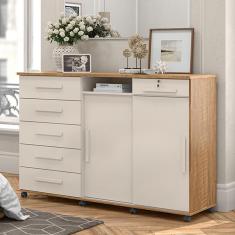 Cômoda Max 2020 06 Gavetas 02 Portas Off White Com Amêndoa - Lukaliam Móveis