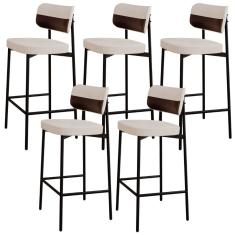 Kit 05 Banquetas Alta Bar Cozinha Sala De Jantar Aço Preto Kaira C01 Linho Palha Courino Café - Lyam Decor