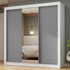 Guarda-Roupa Casal 3 Portas de Correr com Espelho Branco/Cinza Nobre M