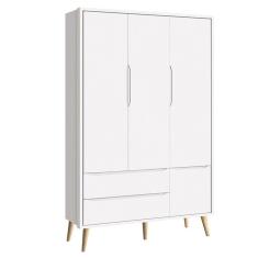 Guarda Roupa Infantil Theo 3 Portas 2 Gavetas Branco Acetinado com Pés Madeira Natural Reller Móveis