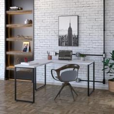 Mesa de Escritório em L Estilo Industrial 135x150cm Kuadra Branco Chess/Est.Preta